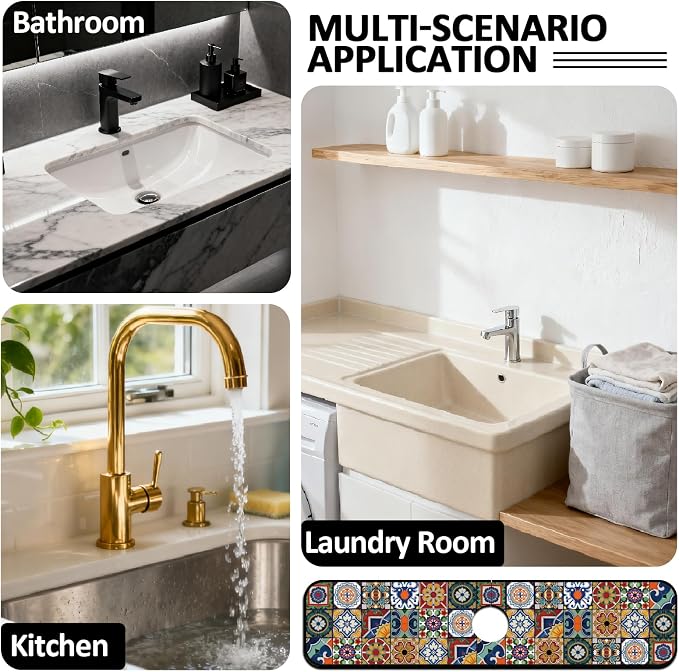 2 Pcs Kitchen Sink Splash Guard Faucet Mat Colored Bohemian Tiles Pattern Faucet Mat for Sinks Absorbing Drying Mat for Kitchen Bathroom, 23.6x5.5inch - Image 7