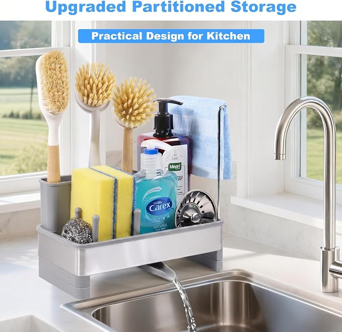 Sponge Holder for Kitchen Sink Caddy Organizer, Dish Brush Holder | Stainless Steel Sponge Caddy for Kitchen Countertop Organizer, Rustproof Dish Soap and Sponge Rack with Dishcloth Drying Rack - Image 2