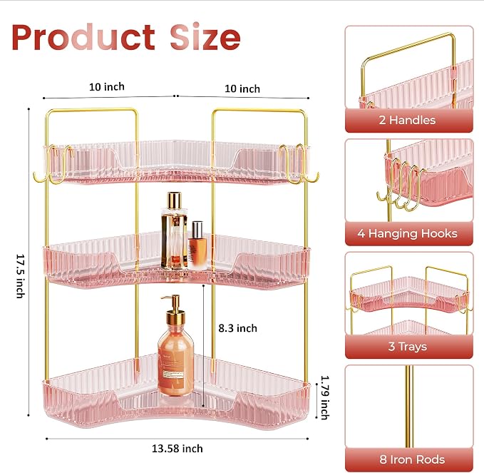 Corner Bathroom Counter Organizer 3-Tier Bathroom Organizer | Storage Countertop with Hooks Perfume Organizers Storage Shelf for Makeup & Skincare Dresser-Pink - Image 2