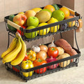 2-Tier Fruit Basket with Banana Hangers, Detachable Metal Bowl | Wooden handle, protective mats included. Versatile holder for bread, snacks, and veggies. Extra Large 2 tier metal design. by Sevenblue