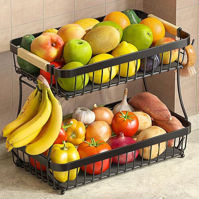 2-Tier Fruit Basket with Banana Hangers, Detachable Metal Bowl | Wooden handle, protective mats included. Versatile holder for bread, snacks, and veggies. Extra Large 2 tier metal design. by Sevenblue