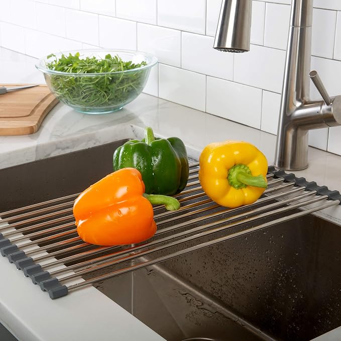 Kitchen Details Over The Sink Drying Rack | Roll Up Dish Mat | Easy Storage | Stainless Steel | Non-Slip Silicone | Drain Tray | BPA Free | Food Safe | Space Saving | Grey - Image 2