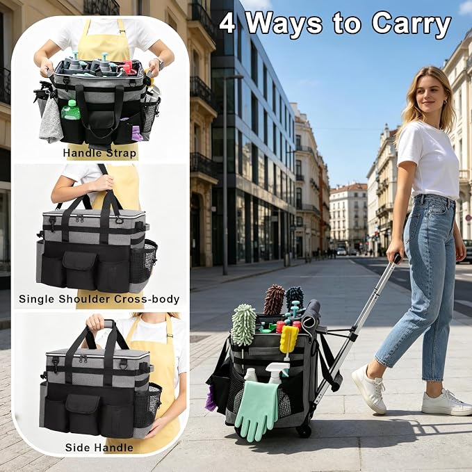Large Rolling Cleaning Caddy with Wheels, Cleaning Supplies Organizer | With Detachable Trolley, Water-resistant Cleaner Cart for Housekeepers, Multi Pocket Cleaning Cart with Strap, Gray - Image 8