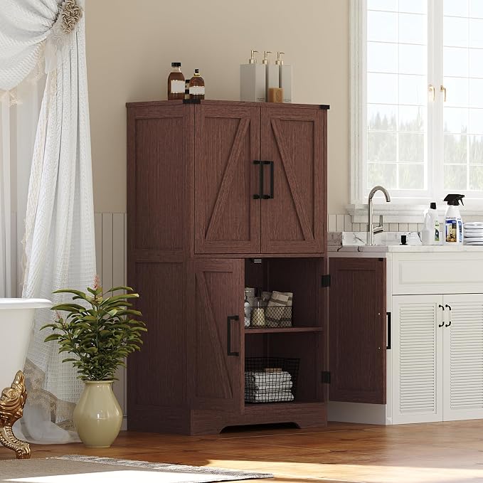 Treocho Farmhouse Bathroom Floor Cabinet with Adjustable Shelves | 13.78"D x 23.62"W x 43.46"H, Freestanding Kitchen Pantry Cabinet, Cupboard for Living Room, Dining Room, Walnut - Image 8