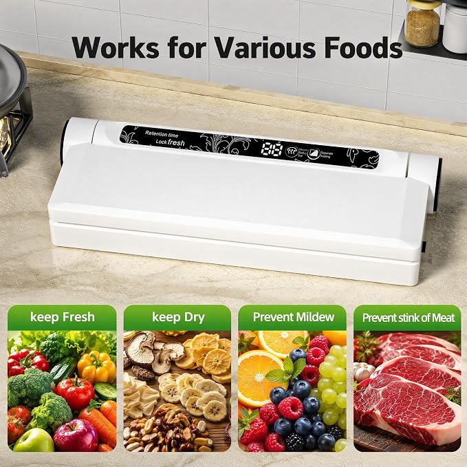 Compact Vacuum Sealer for Food, 75Kpa Food Sealer Machine | 75 Kpa Strong Suction, LED Display, Dual Use for Dry & Wet Foods, with 20 Bags, Ideal for Home Kitchen, White - Image 2