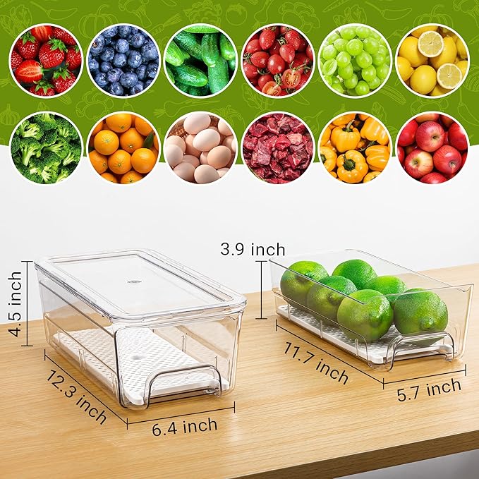 Imncya 5 Pack Refrigerator Organizer Bins, Fridge Organizers and Storage | Stackable Pull-Out, Refrigerator Drawers with Lids, Clear Design with Drain Tray, Fruits Vegetables Snack Storage Containers - Image 2