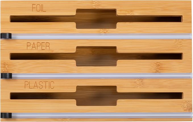 Honey-Can-Do Bamboo Wrap Organizer with Safety Cutter — 3-in-1 Drawer Holder for Aluminum Foil, Wax & Parchment Paper, and Plastic Wrap (Fits 12" Rolls) by Honey-Can-Do