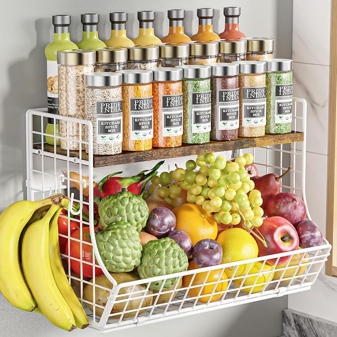 Magnetic Shelf for Fridge with Wood Lid, Fruit Potato and Onion Storage Bins, Pantry Organizers and Storage, Strong Magnetic Spice Rack for Refrigerator, Kitchen Counter and Laundry Room (X-Large) by Unknown