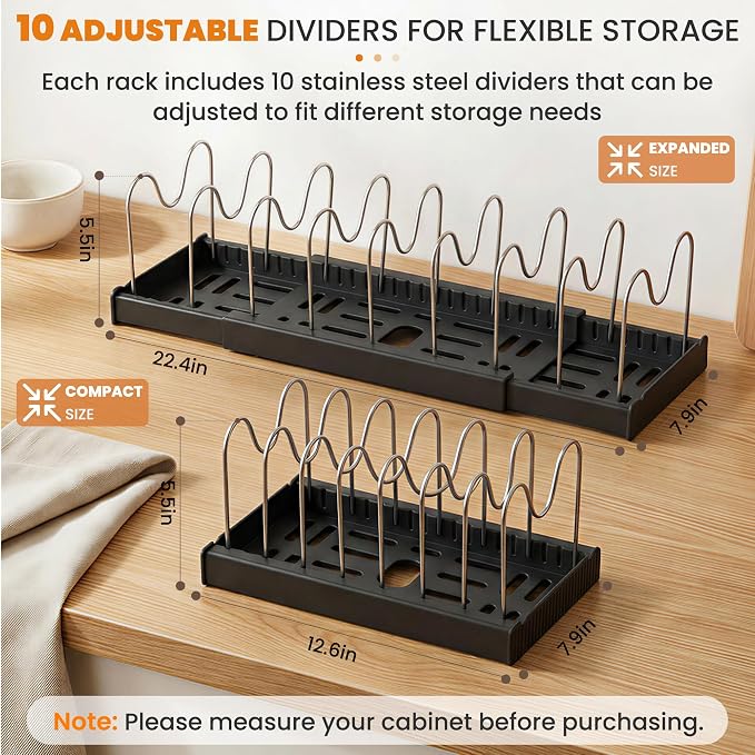 2 Pack Expandable Pot Lid Organizers with 10 Adjustable Dividers | 12.6-22.4 Inch Pots and Pans Organizer Rack Under Cabinet, Countertop, Pan Lids, Bakeware, Food Container Lids, Black - Image 2