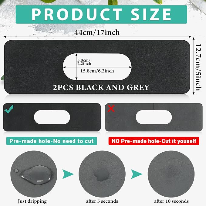 Tioncy 2 Pcs Faucet Mat Sink Splash Guard Oval-hole Oval Splash Pad for Kitchen Sink Oval Base Diatomite Faucet Mat for Bathroom Absorbent Mat Splatter Screens(Dark Gray, Black) - Image 2