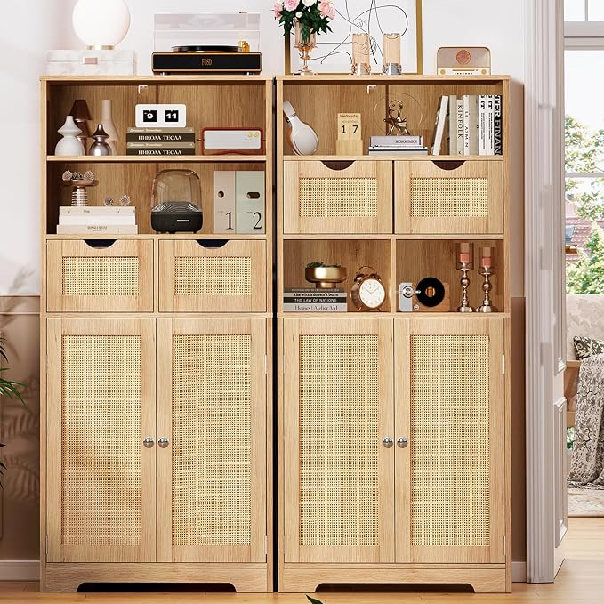 Iwell Tall Storage Cabinet, Rattan Cabinet with 2 Drawers & Adjustable Shelf, Kitchen Pantry Storage Cabient, Entryway Cabinet for Living Room, Dining Room, Home Office, Natural - Image 6