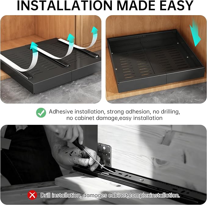 Pull out Cabinet Organizer, 2 pack, 16.5" Deep Heavy Slide out Drawers, Upgrade Three Triple-Slide Rail Systems, Expandable 12.8"-20.8" Roll out Shelf Storage for Kitchen Base Cabinet Organization - Image 8