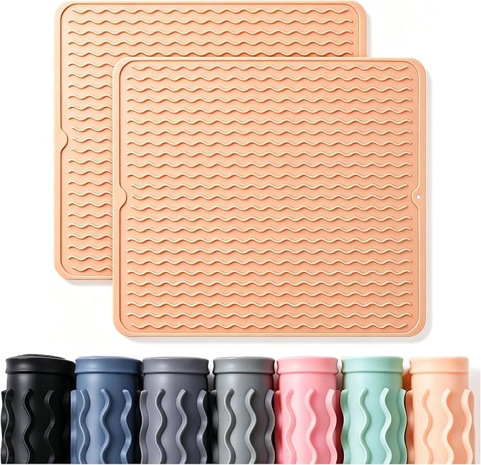 CAKETIME 2 Pack Silicone Dish Drying Mat for Kitchen Counter Place mats Cooking Accessories Drainers Rack Under Sink Protector Home Household Items Extra Large 18"x16" Beige by CAKETIME