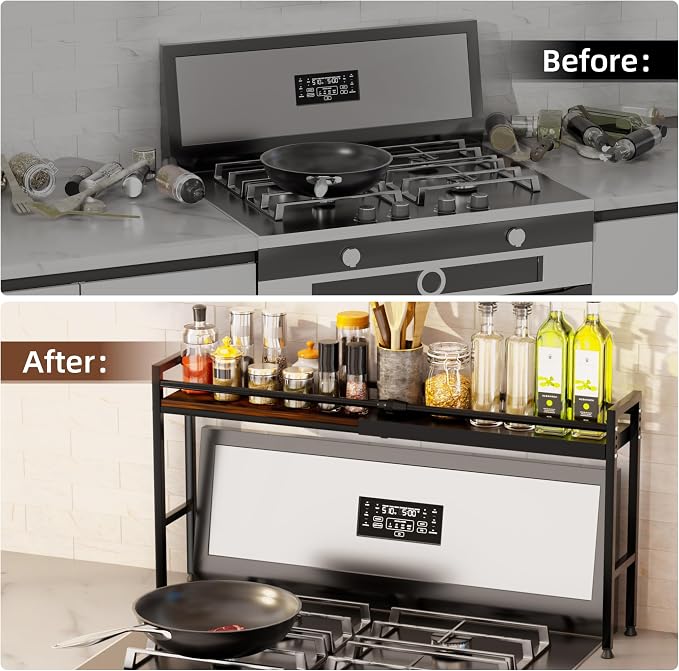 Over the Stove Shelf, Adjustable Spice Shelf for Kitchen, Sink | Rustic Metal & Wood Shelf Organizer | Extendable & 3 Level Adjustable Height Spice Rack for Back of Stove - Image 6