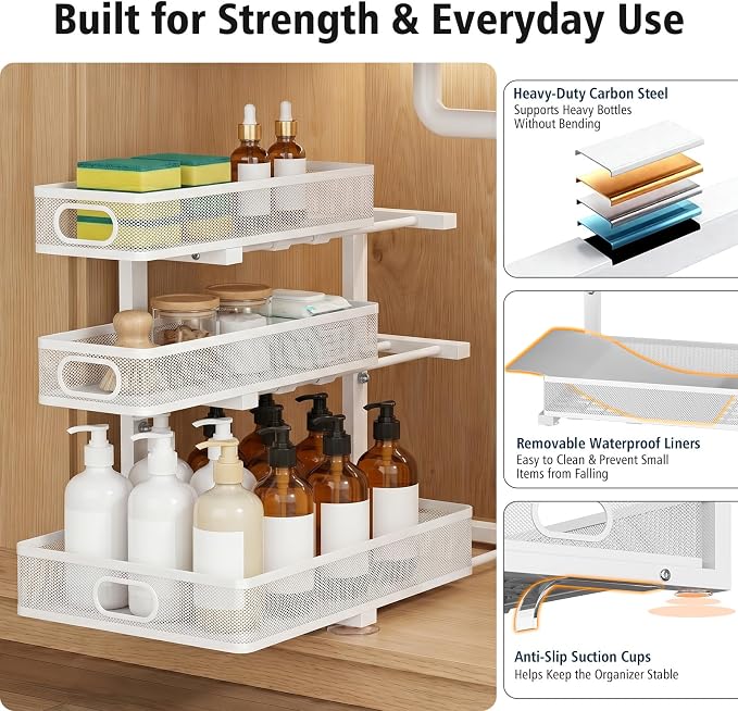 Under Sink Organizer, 3 Tier Pull Out Cabinet Organizer with 5 Adjustable Heights, Metal Under Sink Storage with Sliding Drawers for Kitchen, Bathroom, Pantry and Laundry Room, 2-Pack White - Image 5