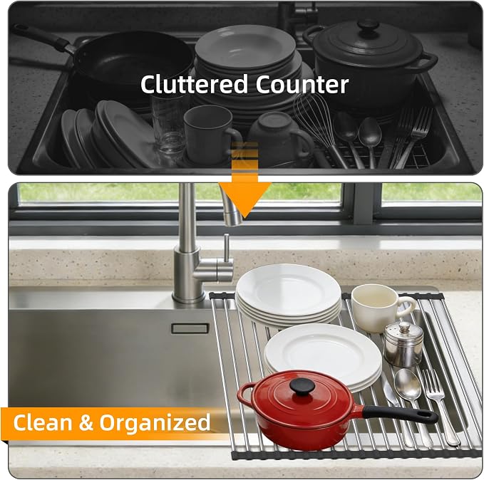 Dish Drying Rack, Roll Up Dish Drying Rack Over the Sink, 17" x 15.7", Dish Racks for Kitchen Counter, Black - Image 4