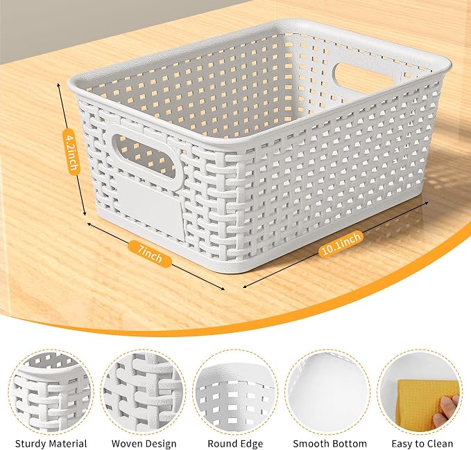 8 Pack Plastic Storage Baskets,White Stackable Storage Bins | 5.3qt Storage Containers with Labels for Organizing Shelves Drawers Desktop Closet Playroom Classroom Office - Image 2