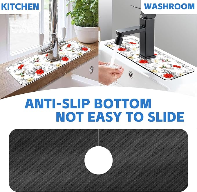 Faucet Mat for Kitchen Sink Poppy Flowers Watercolor Sink Splash Guard Behind Faucet Soft Diatom Mud Material Non-slip Easy to Clean for Bathroom & Kitchen 15"X5.5" - Image 7