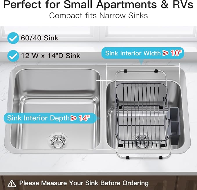 JASIWAY Gray Dish Drying Rack in Sink with Utensil Holder, RV, Apartment | Over Sink Expandable Stainless Steel Dish Drainers for Compact Kitchen, Space Saving, Fast Drain, Rustproof, For 1-2 people - Image 3