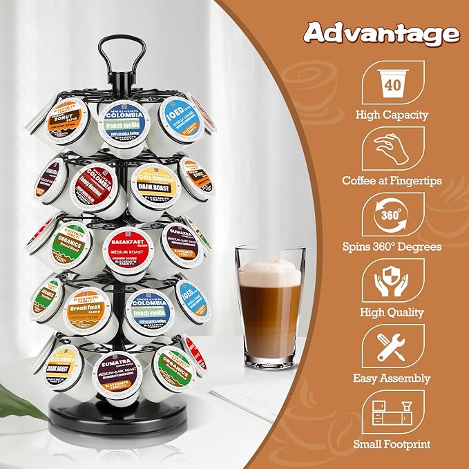 K Cup Holder, Coffee Pods Holder Storage Organizer Stand,40 Pods Capacity | K Cup Organizer,360°Rotating K Cup Carousel,Space-Saving for Countertop,Easy-Grip Top Handle,K Cups Holder Easy Assembly - Image 2