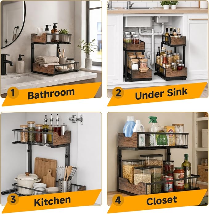 Pull Out Cabinet Organizer 2 Tier Metal Under Sink Organier | Shelf 5 Adjustable Height, Wood Handle, Anti Topple Over, Sturdy Slide out Storage Rack for Bathroom Kitchen Home Pantry - Image 8