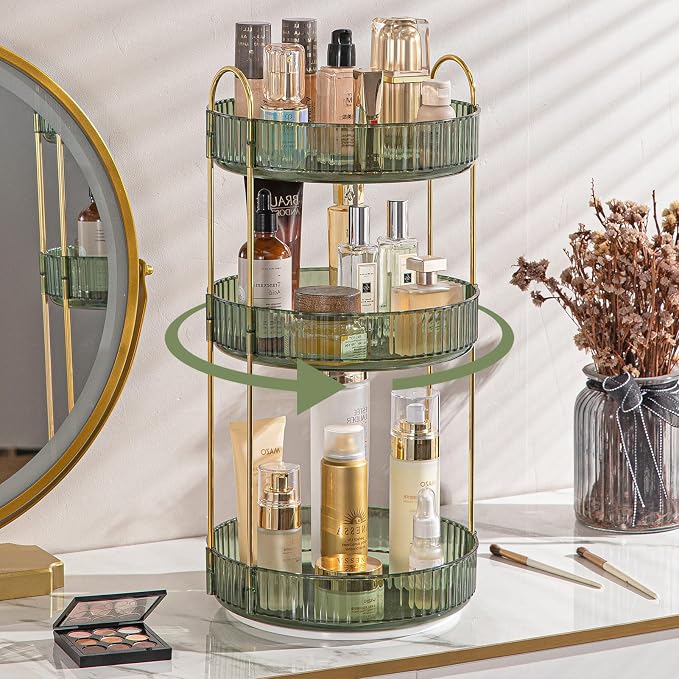 Rotating Makeup Organizer for Vanity, High-Capacity Skincare Clear Make Up Storage Perfume Organizers Cosmetic Dresser Organizer Countertop 360 Spinning (Green, 3 Tier) by SHUANGQING
