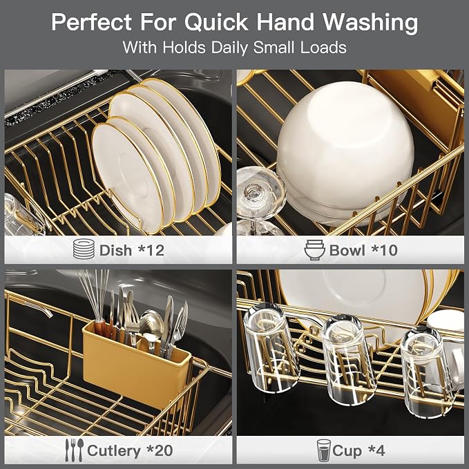 Gold Dish Drying Rack Over Sink with Utensil Holder, Drainboard | Expandable Stainless Steel Dish Drainer for Small Kitchen, Apartment, RV, Counter Space Saving, Perfect Fit, Rustproof - Image 7