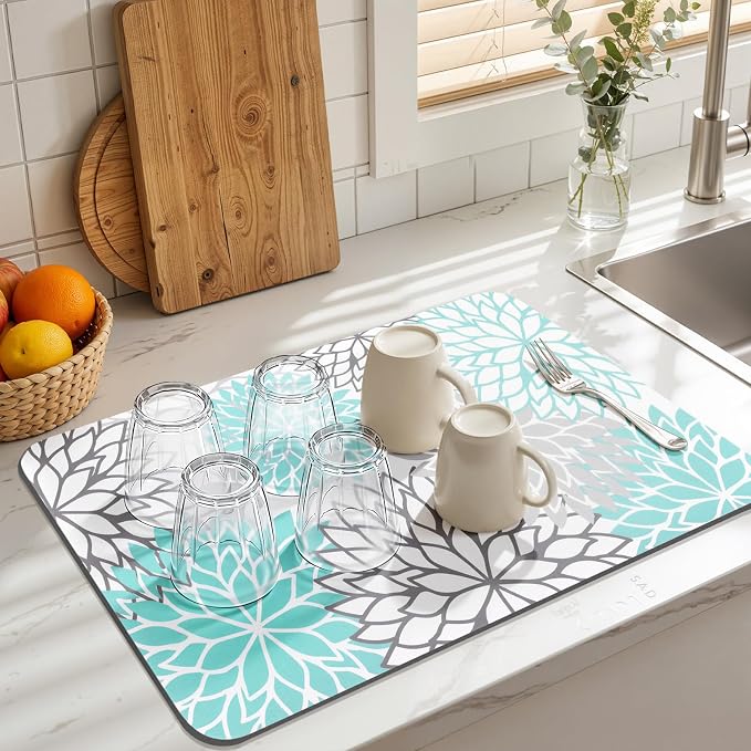 Findosom Dish Drying Mat, 12" x 20" Super Absorbent Dish Mat with Floral, Hide Stain Drying Mat for Kitchen Counter, Under Dish Rack, Coffee Maker, Espresso Machine, Teal - Image 4