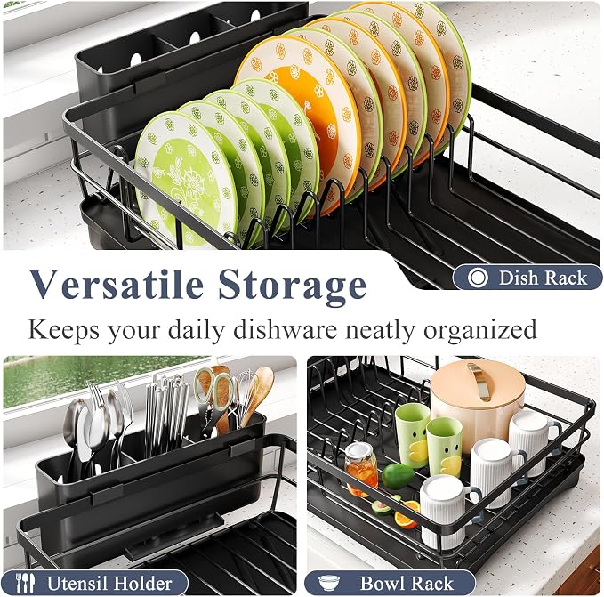 SAYZH Dish Drying Rack for Kitchen Counter with Utensil Holder, Black | Stainless Steel, Large Capacity, Angled Drainboard, Rotating Spout, Removable to Clean - Image 7