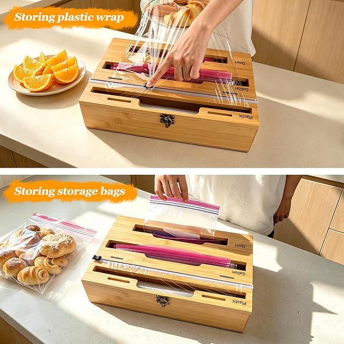 Allinside Magnetic Kitchen Bag Organizer and Plastic Wrap Dispenser with Slide Cutter, 3-in-1 Bamboo Kitchen Foil Storage Holder Compatible with Gallon, Quart, Sandwich Snack Bags - Image 7