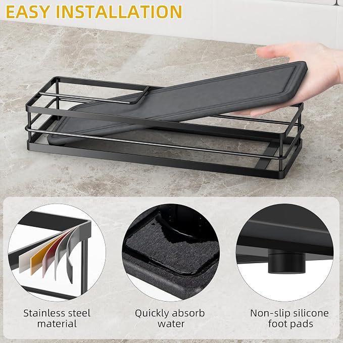 galasily Sink Caddy Organizer with Water Absorbing Stone Tray, Instant Dry Sponge Holder Smiley Face, Dish Brush Holder for Countertop, Kitchen Storage Accessories and Organization Essentials (Black) - Image 2