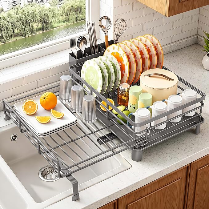 SAYZH Expandable Dish Drying Rack for Kitchen Counter, Metal, Grey | Foldable Over Sink, Large Capacity, Rust-Resistant, Adjustable for Most Sinks, Automatic Drainage, Removable Utensil Holder - Image 8