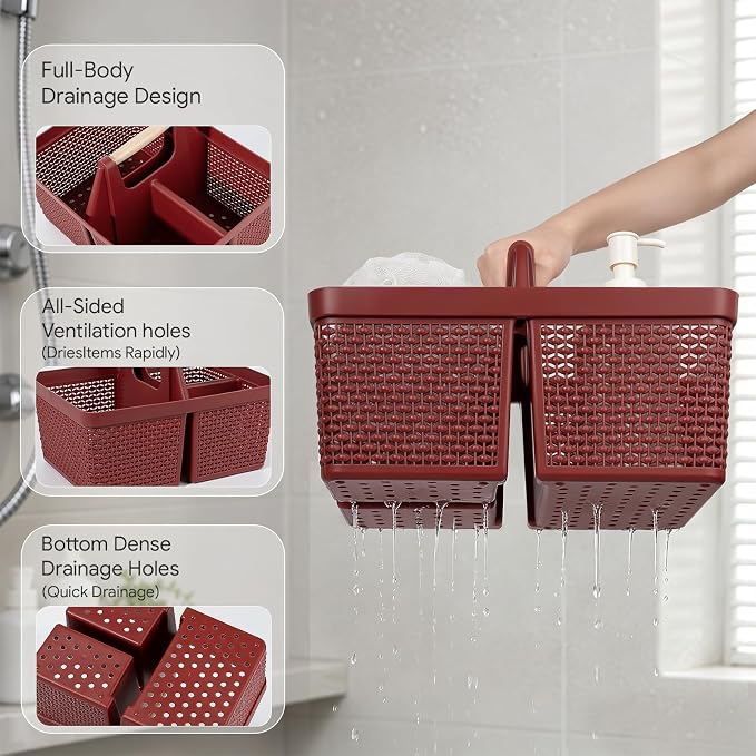 UUJOLY Portable Plastic Shower Caddy Basket with Wooden Handle, Red | Divided Storage Organizer Tote for Bathroom, Dorm, College, Kitchen & RV – Lightweight, Easy-Carry Essentials Caddy - Image 3
