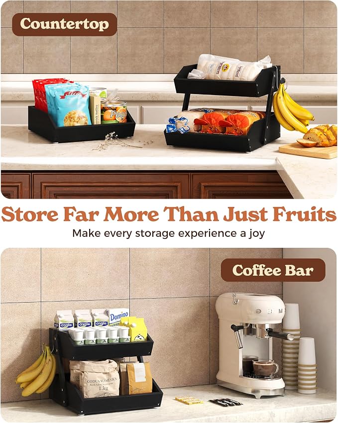 2-Tier Bamboo Fruit Basket with 2 Banana Holders Black | Large tiered organizer for bread, snacks, veggies. Sturdy bamboo, includes mats & dividers. Easy to assemble. - Image 8