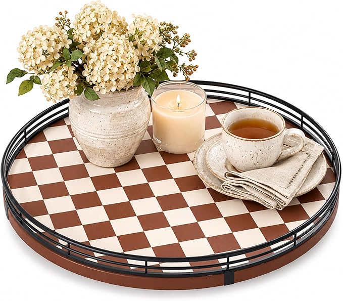 AMH 13-Inch Brown White Checkerboard Lazy Susan with Black Metal Rail | Smooth rotating oak tray with walnut finish for dining tables, kitchen counters, pantries and cabinet storage. by AMH