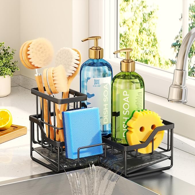 HapiRm Sponge Holder for Kitchen Sink - Rustproof L-Shaped Sink Caddy | Stainless Steel Kitchen Organizer for Sink Corner, Self-Draining 3-in-1 Dish Brush and Sponge Storage, Space-Saving - Black by HapiRm