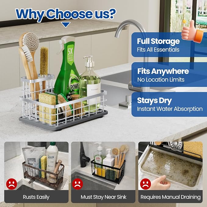 Kitchen Sink Organizer, Large Sink Caddy with Sponge Holder & Diatomite Mat | Cleaning Supplies in One Place, Kitchen Countertop Organizer, Home Essentials, Brush Holder, Quick Dry Tray, Fewer Puddles - Image 5