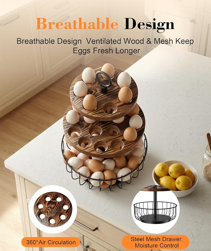 3-Tier 360° Rotating Egg Holder with Basket, Holds 64+ Eggs | Rustic farmhouse egg rack, 3-tier 360° rotating; ventilated wooden trays, metal basket. Holds 24+40 eggs. - Image 4