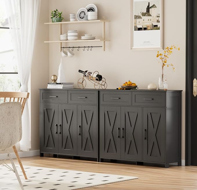Homhedy Coffee Bar Storage Cabinet with Drawers, Kitchen Buffet Cabinet | Sideboard Cabinet with Doors, Farmhouse Buffet Cabinet, Adjustable Shelves, for Kitchen / Dining / Living Room, Black - Image 7