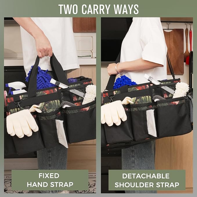 SCAVATA Wearable Cleaning Caddy Organizer With Handle & Shoulder Strap | Multiple Compartments, 4 Foldable Dividers, Portable Cleaning Supplies Tool Storage for Home, Car & Housekeeping, GreenBush - Image 6