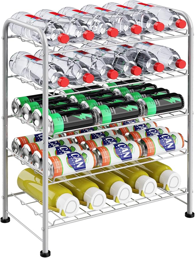 Water Bottle Holder Organizer 5 Tier Water Bottle Storage Rack, Freestanding Floor Beverage Soda Can Dispenser Organizer Rack for Pantry, Kitchen Countertop, Cabinet, Office, Hold 30 Bottles, Silver by OYEAL