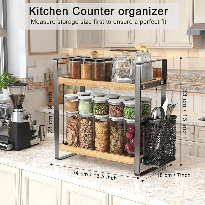 2-Tier Coffee Bar Organizer With Basket,Wooden Counter Shelf for Coffee Bar Accessories,Kitchen Spice Rack Organizer for Countertop-Brown - Image 2