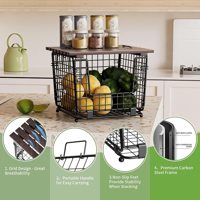 2 Pack Stackable Potato Onion Bins, Pantry Organizers and Storage | Wire Basket with Breathable Design for Garlic Fruits Vegetables Storage, Kitchen Counter Organizer - Image 5