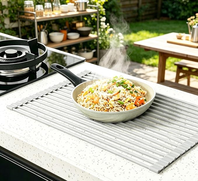 Ahyuan Large Roll up Dish Drying Rack Silicone Foldable Rack Over Sink Dishes Drainer Roll-up Sink Drying Racks Full Silicone Coated Stainless Still Dish Drying Rack (Warm Grey, 17.7''X13.13'') - Image 5