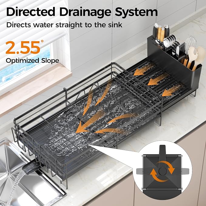 Delamu Stainless Steel Dish Drying Rack, Expandable Dish Drainer, Anti-Rust Large Dish Racks for Kitchen Counter, Dish Strainers with Drainboard, Utensil & Cup Holder, 13.4"-28.7" L x 11.8" W, Black - Image 5