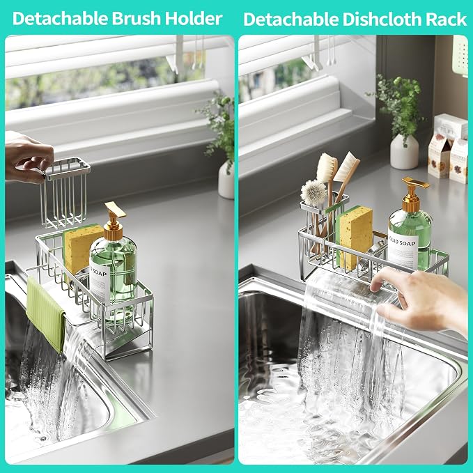 HapiRm Sponge Holder for Kitchen Sink - Self-draining Rustproof Organizer | Sloping Self-draining, Detachable Brush Holder, Stores Sponges, Brushes & Dishcloth, For Countertop Storage, Silver - Image 3