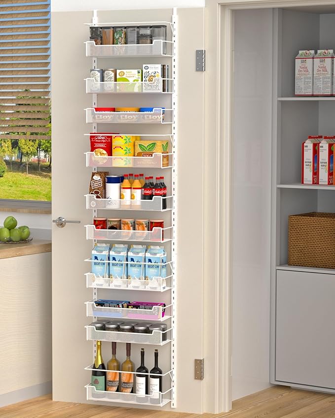 VyGrow Over the Door Pantry Organizer, 10-Tier Over the Door Organizer with Adjustable Basket, Pantry Door Organization for Pantry Kitchen Storage Room Spice Rack, White by VyGrow