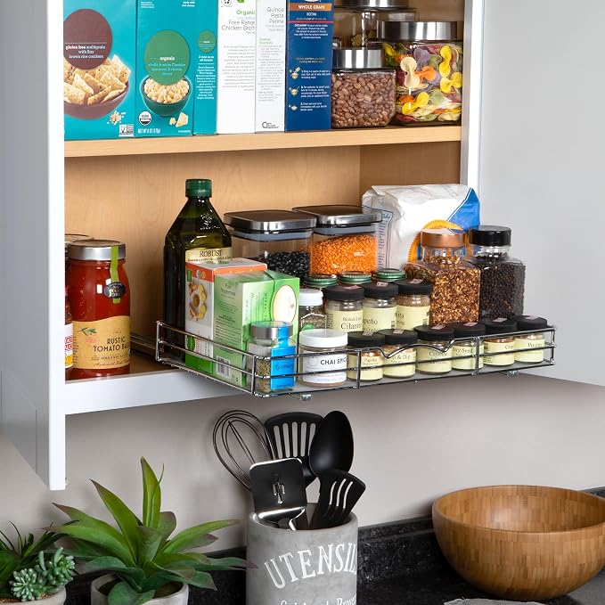Pull-Out Cabinet Spice Rack Organizer, 18 ⅜"W x 10 ½"D x 2 ¾"H | Slim Slide-Out Storage for Spices, Bottles & Jars, Premium Heavy-Duty Steel, Easy Install for Narrow Kitchen Cabinets, Chrome - Image 4