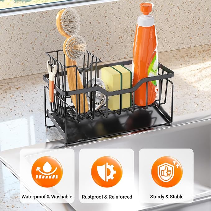 StorageRight Sponge Holder for Kitchen Sink, Stainless Sink Caddy Organizer | Rustproof Kitchen Sink Organizers with High Brush Holder & Self Drain Tray, Anti-Slip Kitchen Countertop Storage Essentials - Image 3