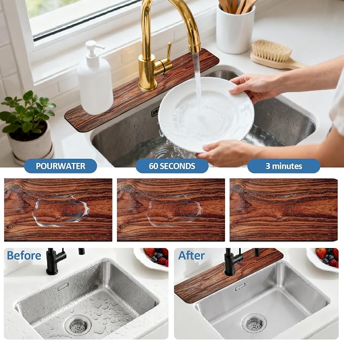 2 Pcs Kitchen Sink Splash Guard Faucet Mat Wood Grain Pattern Faucet Mat for Sinks Natural Wood Color Absorbing Drying Mat for Kitchen Bathroom, 23.6x5.5inch - Image 5